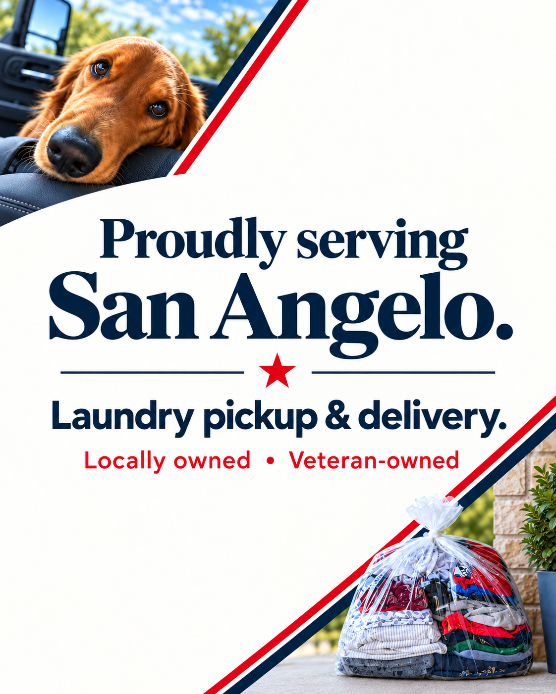 Proudly serving San Angelo with local, veteran-owned laundry pickup and delivery